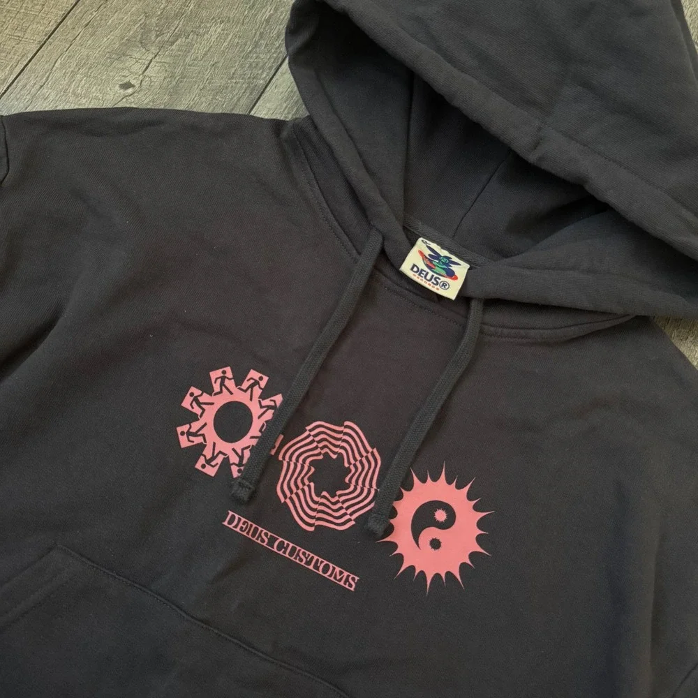 Deus Ex Machina Deus Records Mens Black Pink Graphic Hoodie Size 8 Large